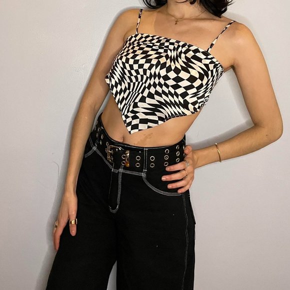 H&M | Tops | Irregularhem Satin Checkered Print Cropped Tank Top | Poshmark